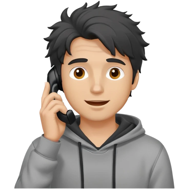 a white man with black messy, grey hoodie taking a call, happy emoji