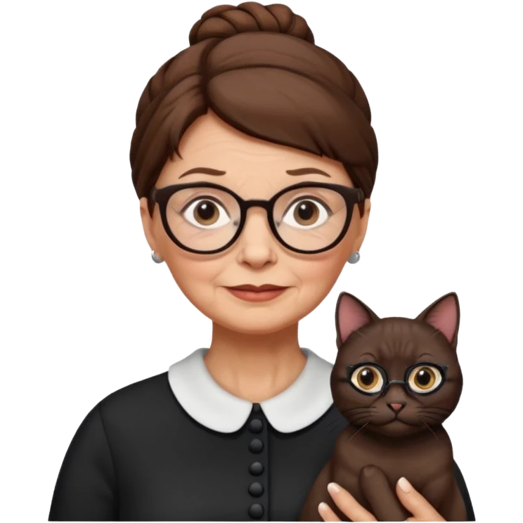 Old woman with brown hair one bun and glasses, white European with black cat emoji
