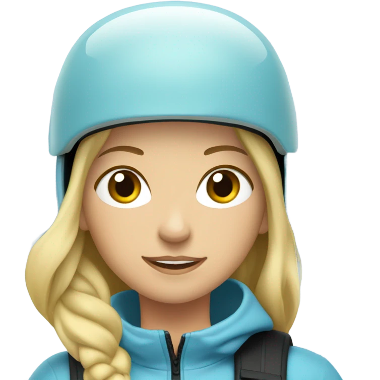 Blonde girl skiing with light blue jacket and black helmet near tree emoji