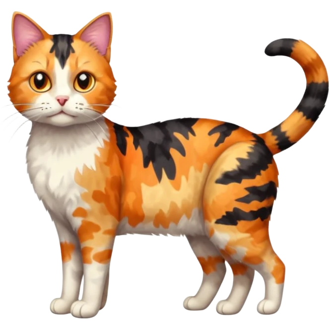 full body anxious looking colourful light calico tabby cat with large patchy patterns emoji
