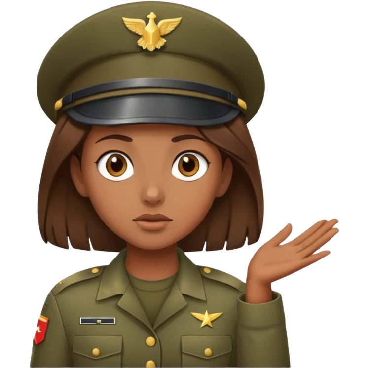 brown-skinned girl in army attire with brown hair, shrugging emoji