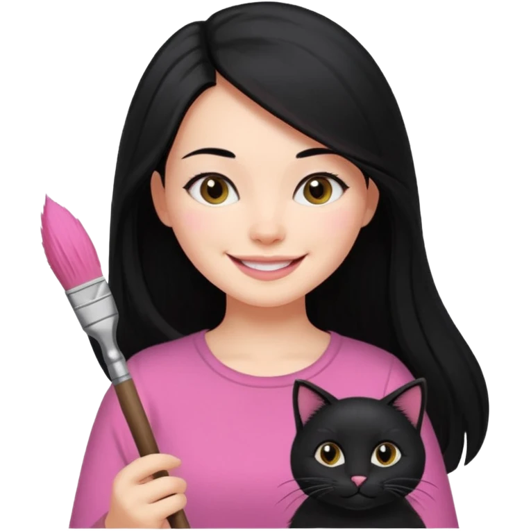 Painting women. smilling   Long black hair,  lunette peinture top pink, pinceau with is black cat  emoji