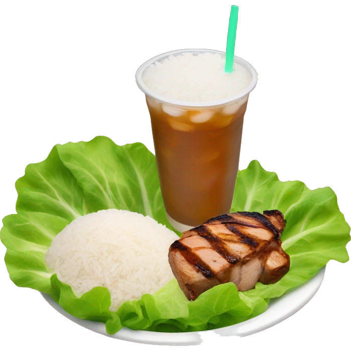 Rice with chicken and steak on a bed of lettuce with a orange boba drink next to it  emoji