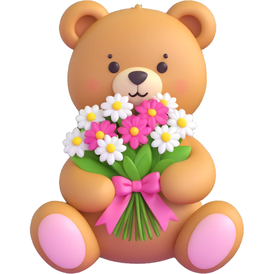 A cute teddy bear with a pink bow on its head, holding a bouquet of white flowers, in a 3D iOS Disney style, with a soft pink background and hearts floating around. emoji