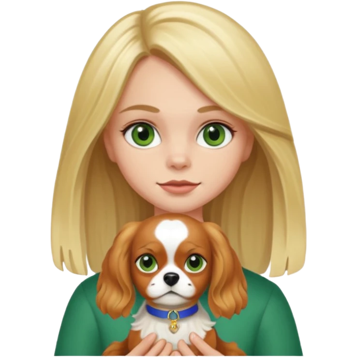 Blonde girl with green eyes holding her tricolour King Charles spaniel  emoji