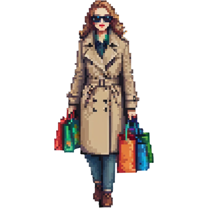 mystery shopper wearing trench coat and sunglasses, holding shopping bag, pixel art style emoji