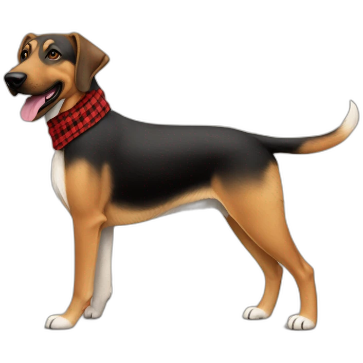 adult 75% Coonhound 25% German Shepherd mix dog with visible tail wearing small pointed red buffalo plaid bandana full body walking left emoji