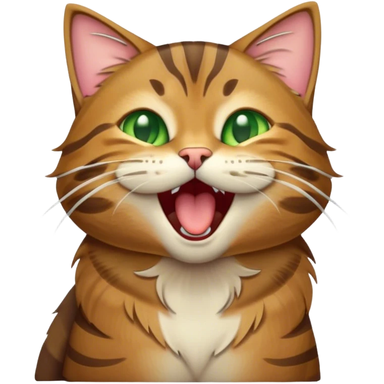 Cinematic Cute Yawning Brown Tabby Cat Portrait Emoji, Head tilted slightly with a dramatic, wide-open yawn, soft brown fur with bold tabby markings, long whiskers stretching forward, golden-green eyes barely open in drowsy contentment, Simplified yet irresistibly adorable features, highly detailed, glowing with a soft, cozy glow, high shine, relaxed yet expressive, stylized with a touch of whimsy, bright and endearing, soft glowing outline, capturing the essence of a sleepy yet affectionate kitty, so drowsy it feels like it could stretch right out of the screen and curl up for a nap! emoji