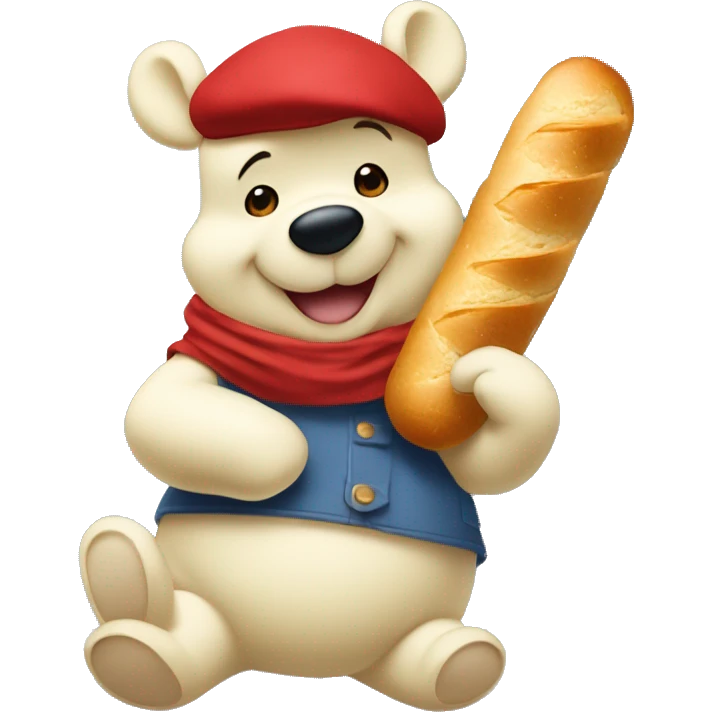 white winnie the pooh, parisien style with red beret on hair and baguette 🥖  on arms, in front of eiffel tower emoji