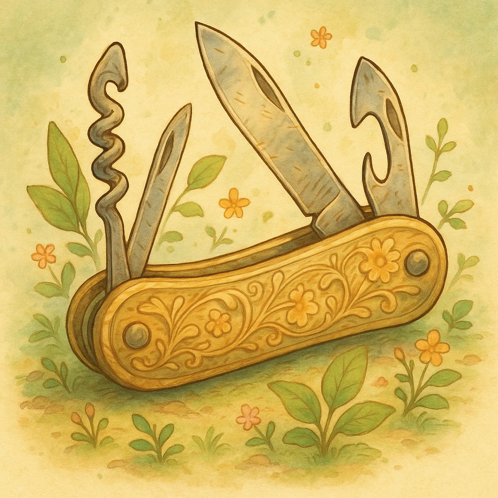 a multitool, like a pocket-knife with multiple tools, ghibli-inspired style, detailed and whimsical emoji
