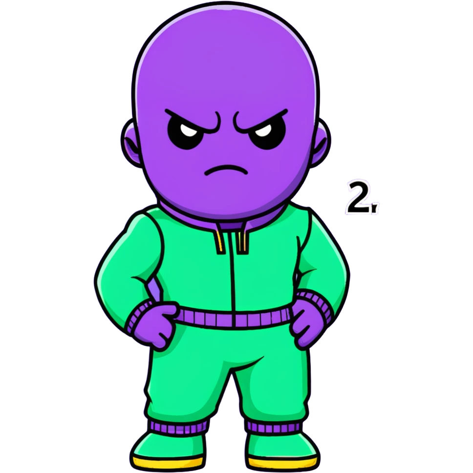 purple-skinned Thanos wearing a green Squid Game player tracksuit with number 230 emoji