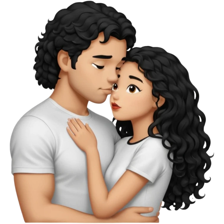 a strong man with short STRAIGHT black hair kissing a shorter girl with long black curly hair emoji