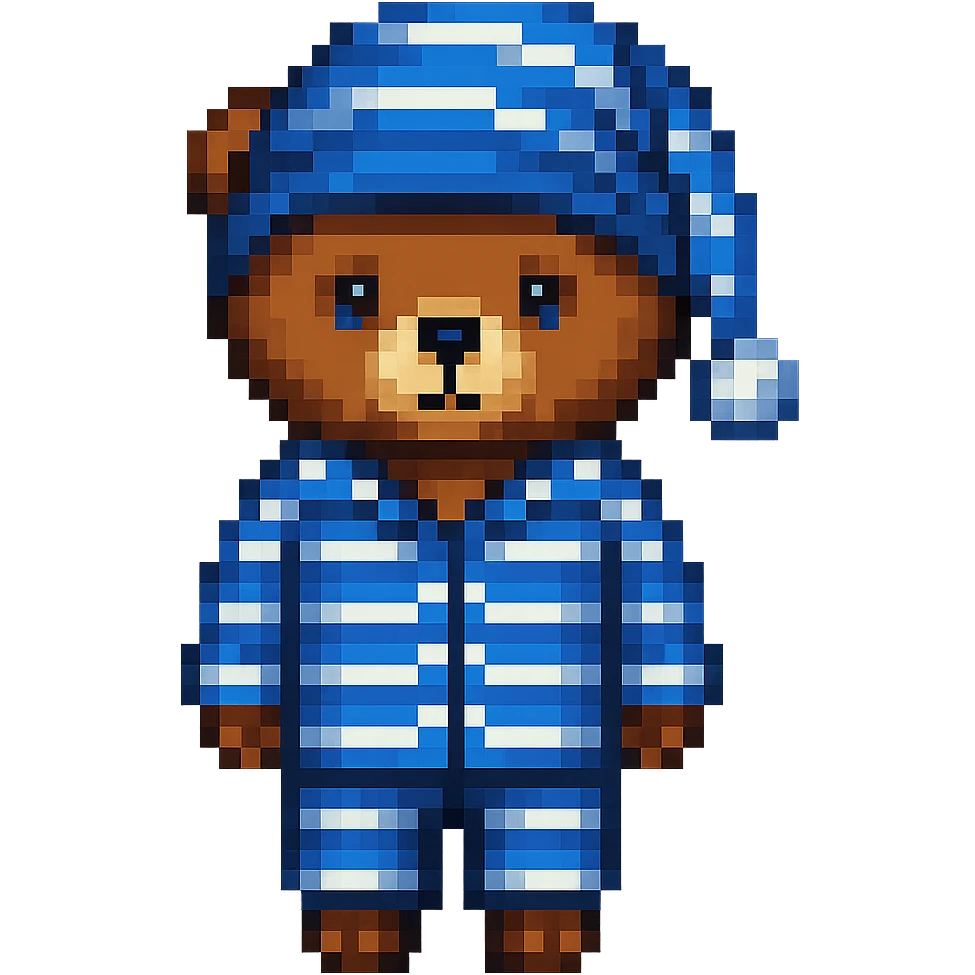 Add a nightcap to the bear in striped pajamas in pixel art style. The style should resemble pixel art with clear pixelated details and colors. emoji