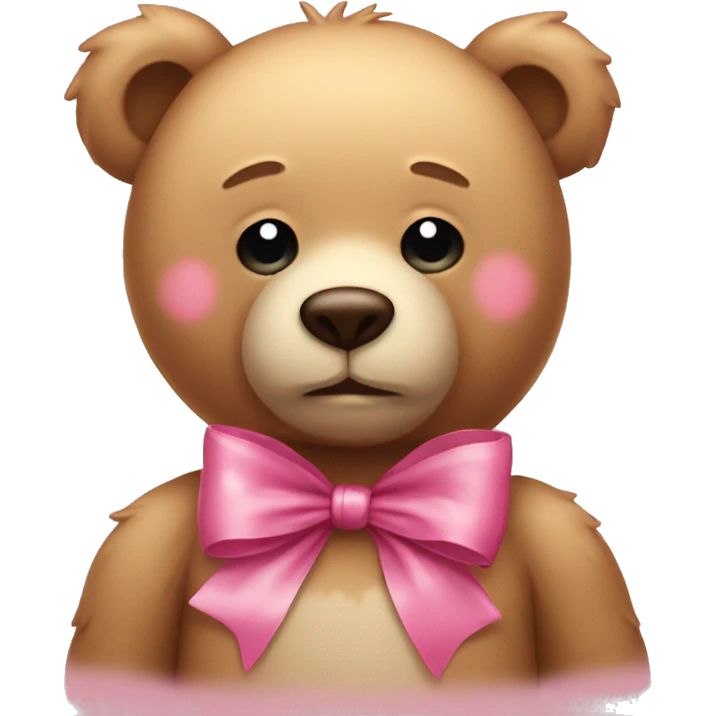 Sad teddy bear wearing pink bow with tears from eyes emoji