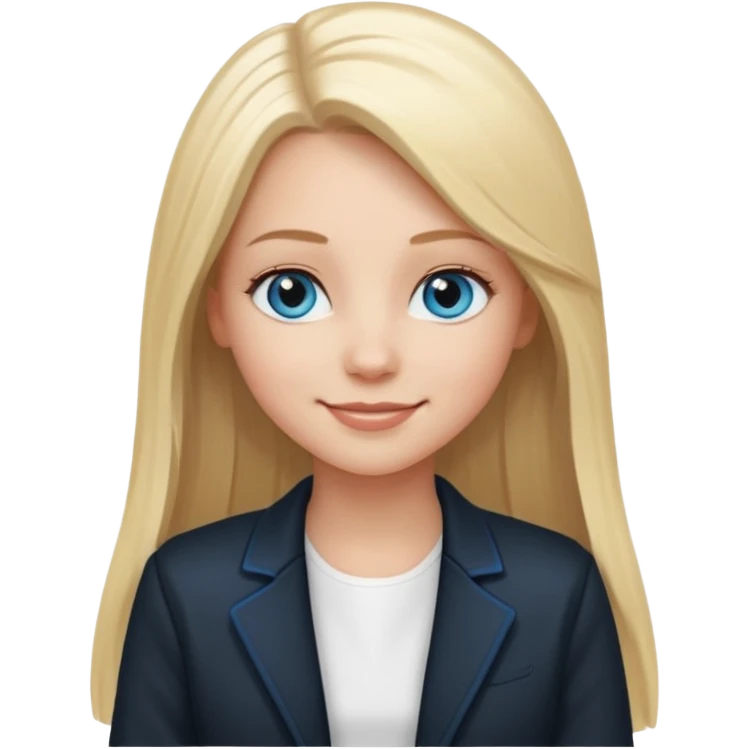 A white girl with long straight blonde hair, blue eyes and a white dress with a smiling black jacket emoji