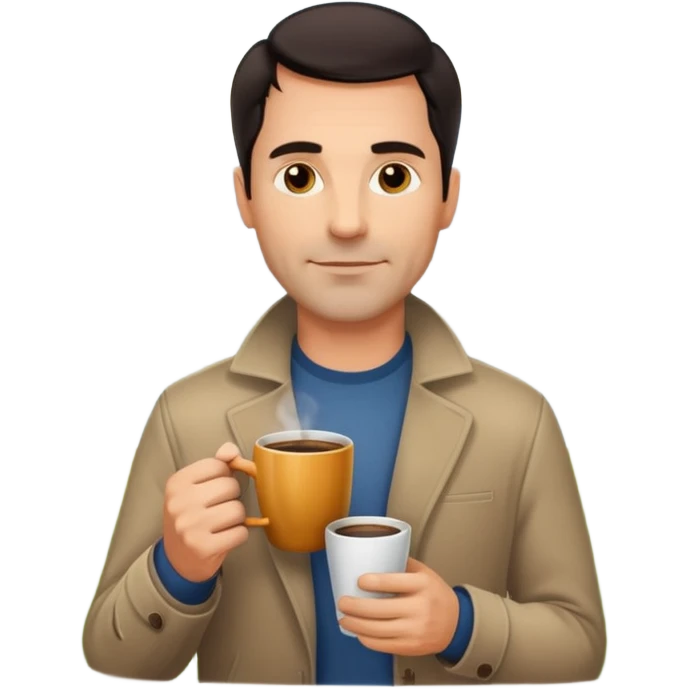 A handsome 45 year old white man with dark hair in a very foggy park with a city view drinking a cup of coffee emoji