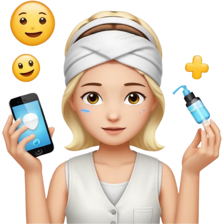 Clean girl aesthetic emoticons, apply skincare products, headband, glowing skin, white vest, soft lighting emoji