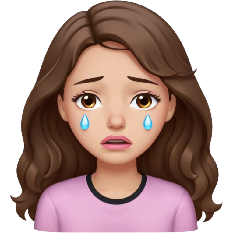 girl with wavy long brown hair, brown eyes, light to medium complexion, long lashes, light pink lipstick, wearing light pink shirt, crying big big tears emoji