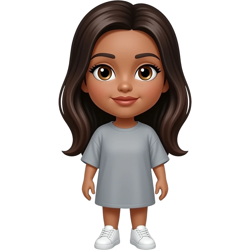 Cabello negro con rayos rojos chocolate,ojos cafes claros,color morena pestañas grandes,labios gruesos,Cejas negras,nariz redonda,estatura 1.60 ropa overzais color gris zapatos blancos emoji