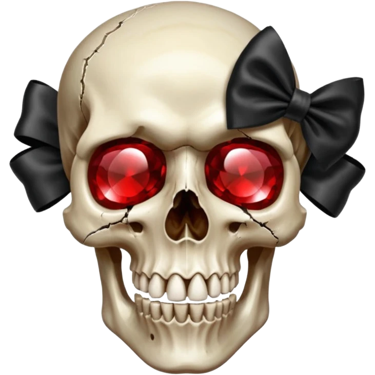 make me a red crystal skull partly see thew super gem like make it realistic and held together by a big black bow super realistic skull cracking all over the eyes are black and rotting  emoji