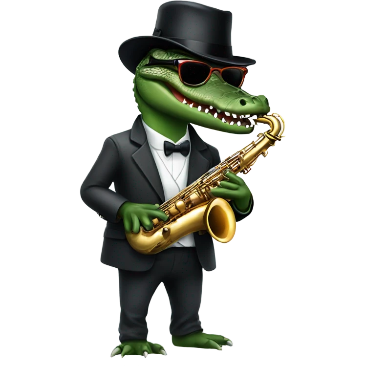 Gator with sunglasses and a bowler hat playing the saxophone  emoji