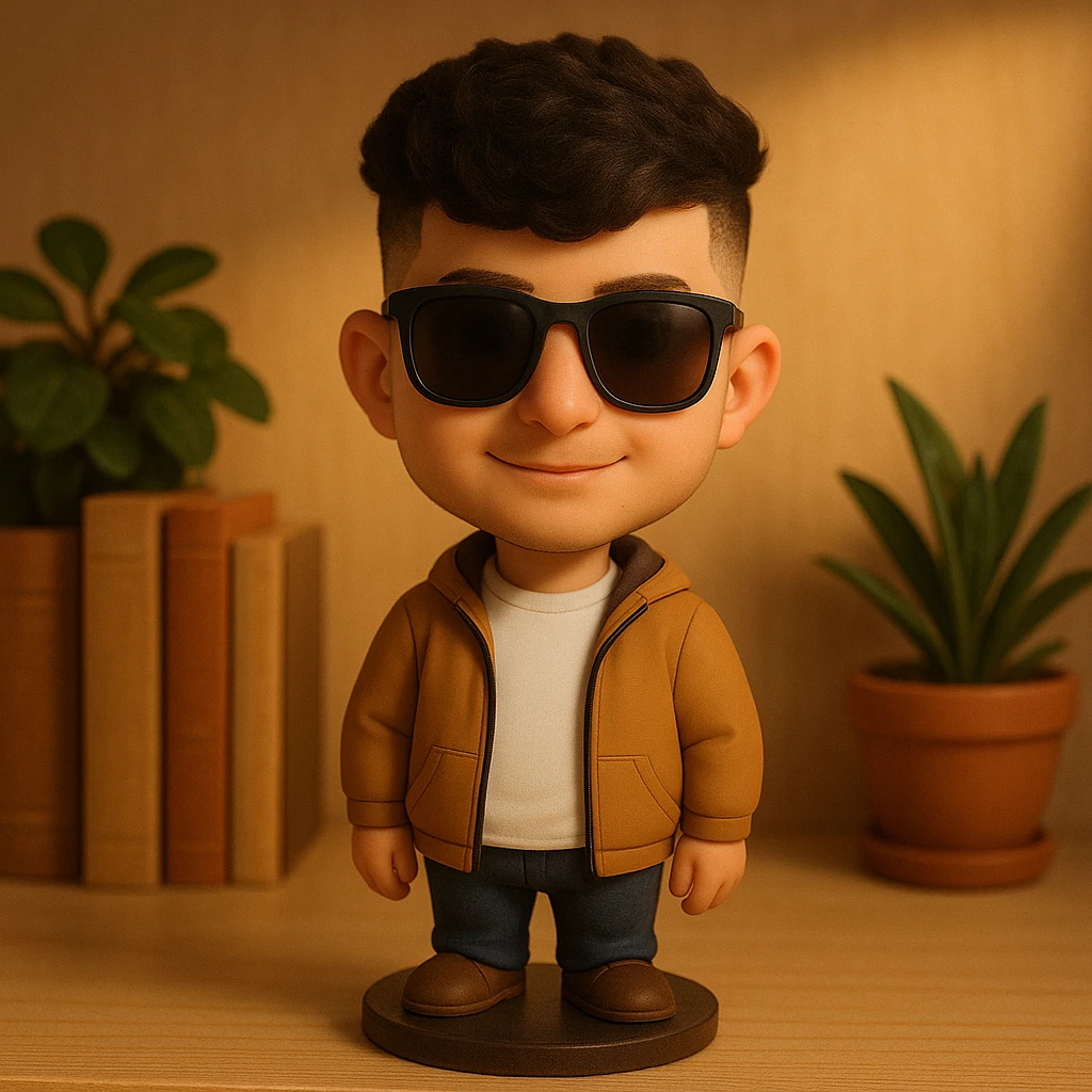 Create a bobblehead style portrait of the person in the reference image, wearing sunglasses, similar to the previous cat with sunglasses concept. Focus on capturing the bobblehead style with a playful and exaggerated head shape and sunglasses. emoji