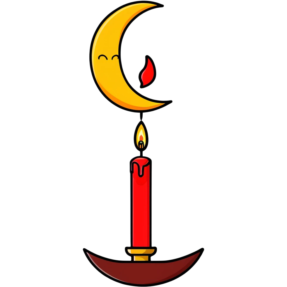 dripping red candle in a gold holder with a crescent moon in the background emoji