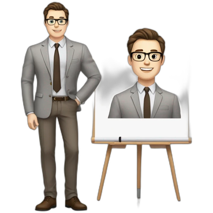 Pale skinned fit man with dark brown hair in gray jacket, beige office shirt, brown tie, brown pants and vintage glasses Writing text on a marker board emoji