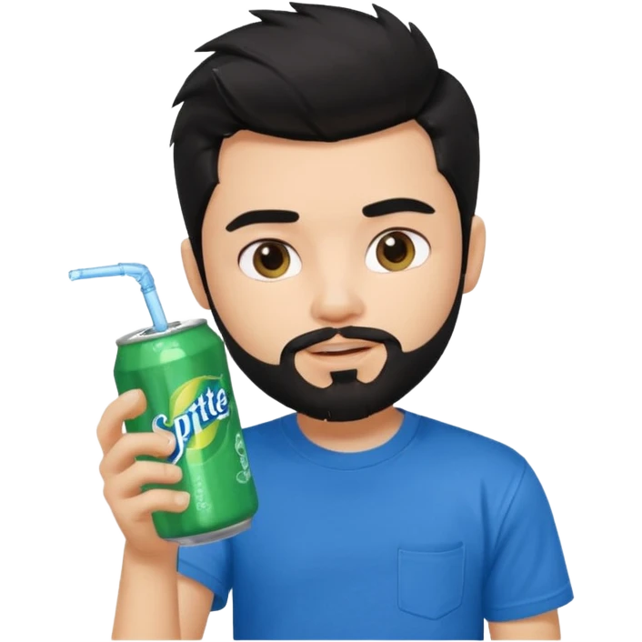 generate a pretty bratz boy with a messy black hair, drinking sprite can, bearded, blue tshirt emoji
