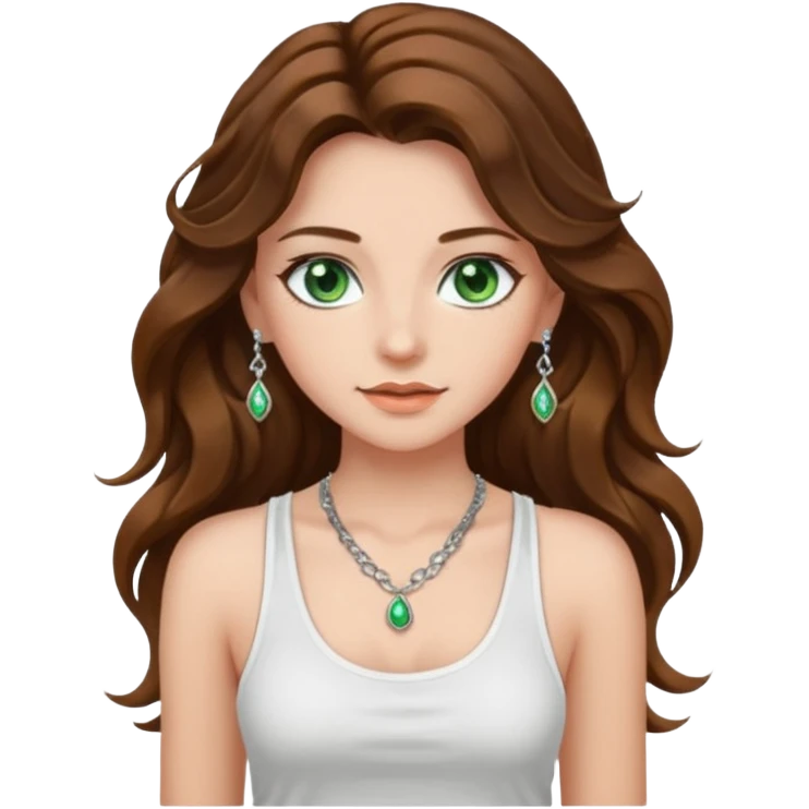 A girl with long brown wavy  hair, green eyes, and a white tank top; she doesn't have bangs. she wear a lot of silver jewerly  emoji