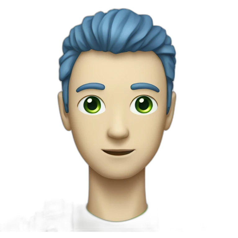 robot with a human head, very thin face, clear cheekbones, green slightly narrow eyes, blue disheveled shoulder-length hair, human complexion, man, light pale face emoji