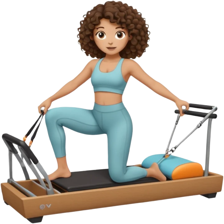 brunette,curly hair 3b girl doing reformer pilates with cute set emoji