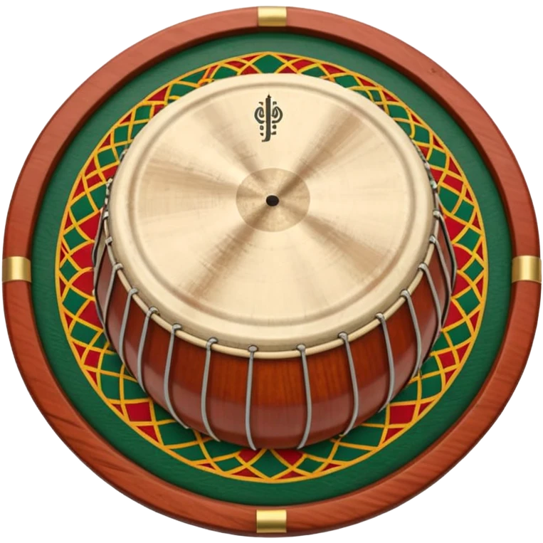 A traditional Pashto tabla (dobrai) placed on a woven mat, with cultural Pashtun patterns in the background. The tabla is wooden with leather drumheads, and vibrant traditional colors like red, green, and gold. Ethnic, folk music theme. emoji