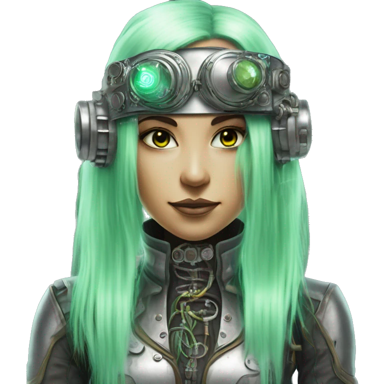 Light green long hair female cyborg head with silver steampunk goggles used as a headband and circuits emoji