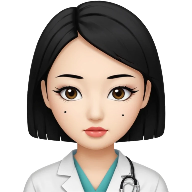 Medical student, black hair, black eyes, false eyelashes, makeup, eyeliner, Asian emoji