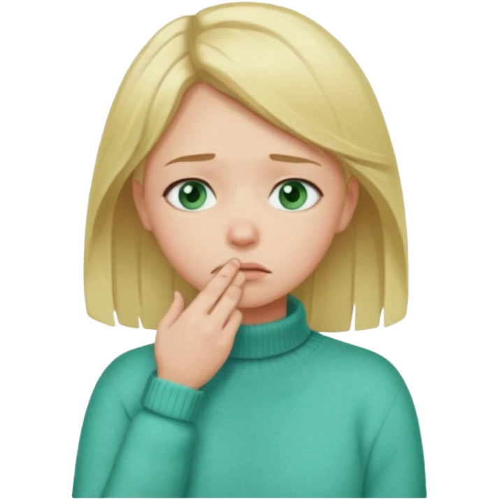 blonde girl in green jumper with hand on throat, sad emoji
