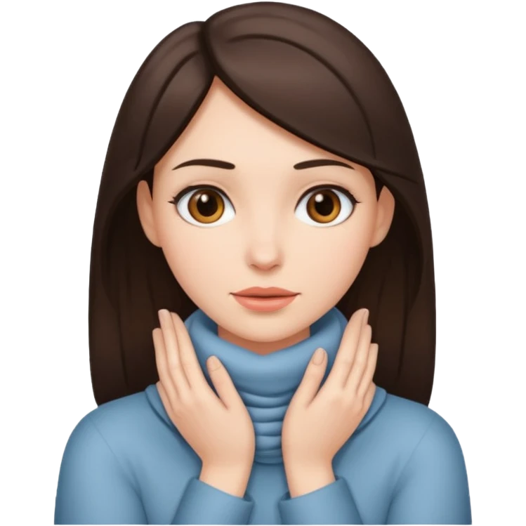 a brunette woman with two hands wrapped around her neck emoji