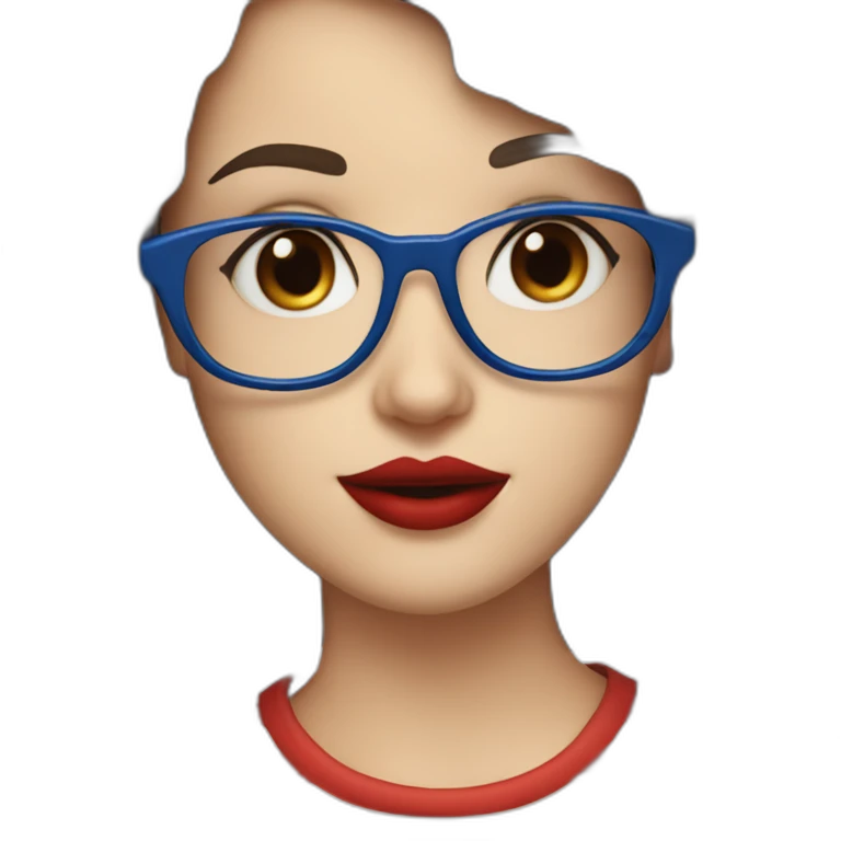 caucasian woman with retro glasses, dark brown hair, bangs, red lipstick, blue and white striped t shirt emoji