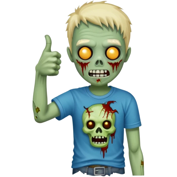 A cute, cheerful, full-length zombie is standing, holding out a hand and a thumbs-up sign. emoji