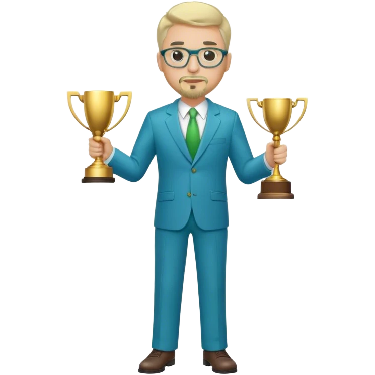 Full Body white fat male  wearing glasses with a goatee with light blonde gray very short hair basketball head Coach in blue and green suit holding trophy emoji
