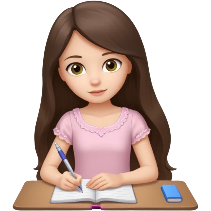 white brunette girl long hair with hazel eyes in a light pink dress writing in a notebook emoji