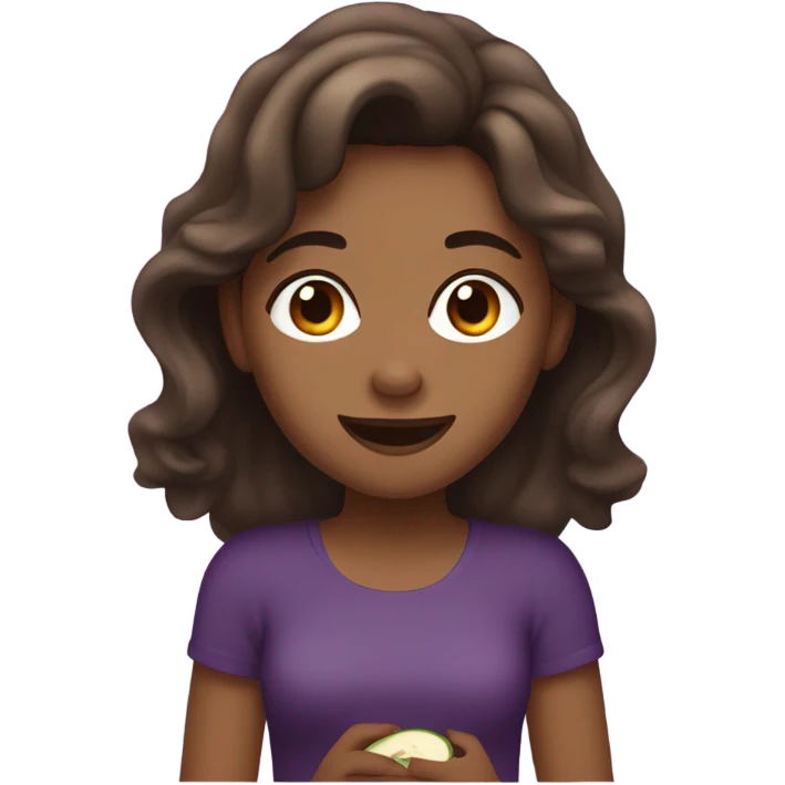 Girl with tan skin brown hair and brown eyes with wavy hair eating an eggplant emoji