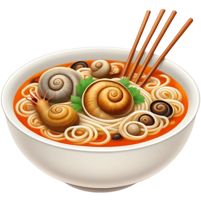 Liuzhou Snail Rice Noodles spicy soup with river snails, simplified emoji style with bold outlines and bright colors, cartoon style Guangxi specialty food emoji