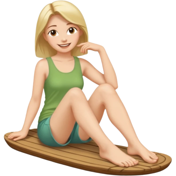 a woman sitting barefoot with one talking detailed pretty face on each foot's sole emoji