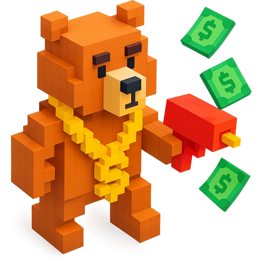 Russian grizzly bear with a rapper chain and money gun, in a playful stance emoji