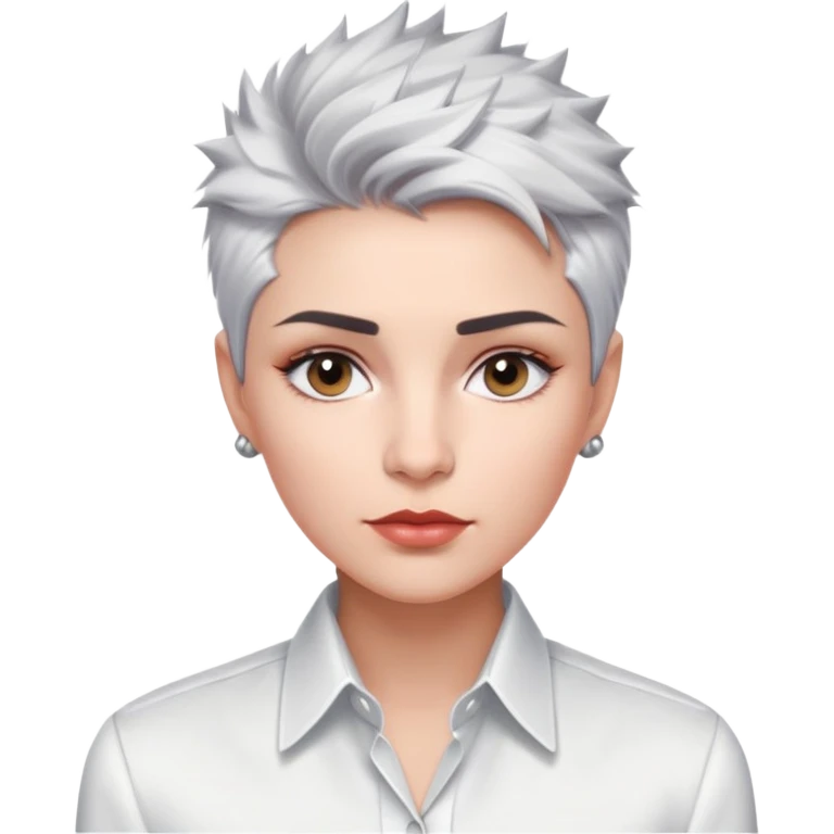 Marian Pabón with elegant facial features, light rosy complexion, expressive eyes, medium well-defined lips, sophisticated pronounced cheekbones, short spiky silver hair styled like a men's cut, dressed in a crisp white button-up shirt emoji
