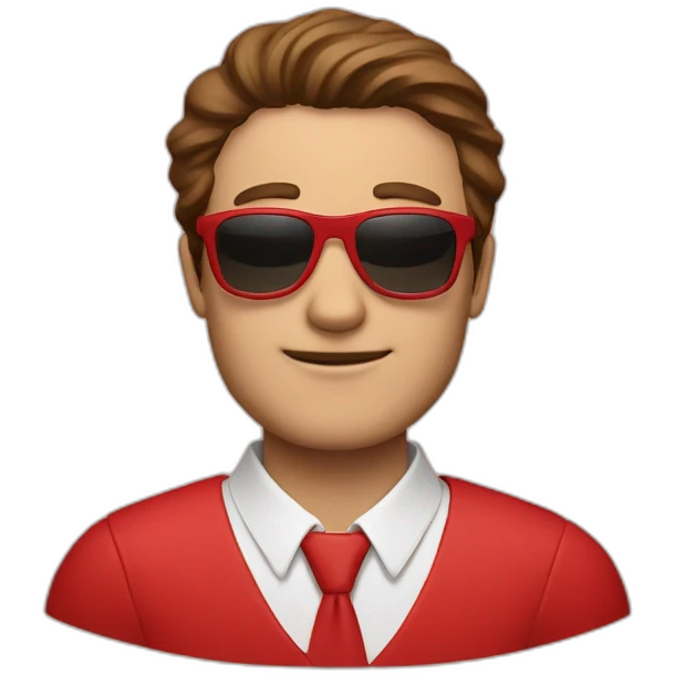 a tall man with brown hair wearing red clothes and sunglasses emoji