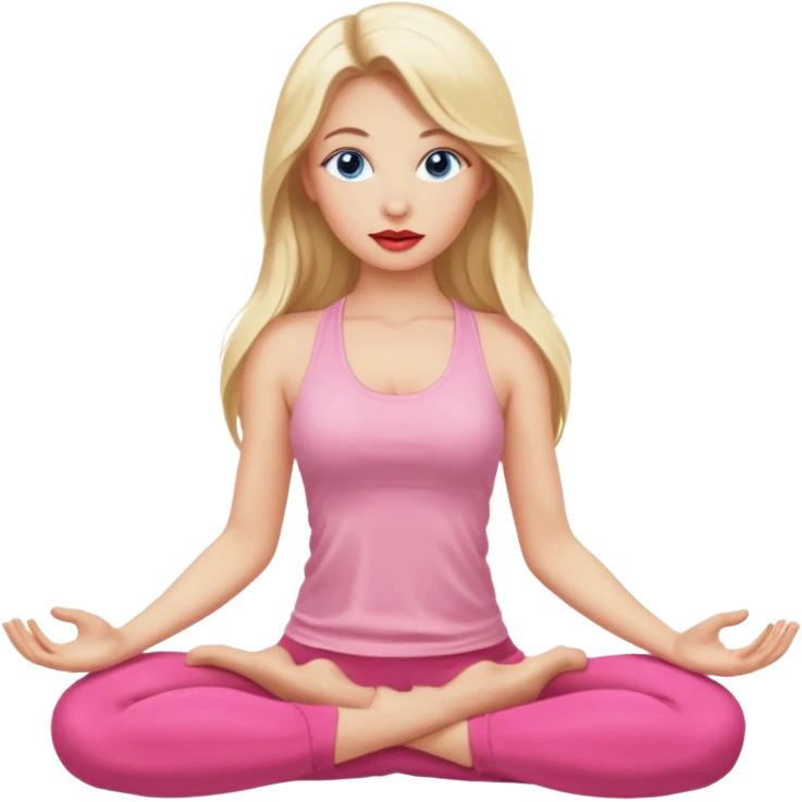 Blonde full long hair, blue eyed, large red lips, yoga woman, light pink clothes, high definition  emoji