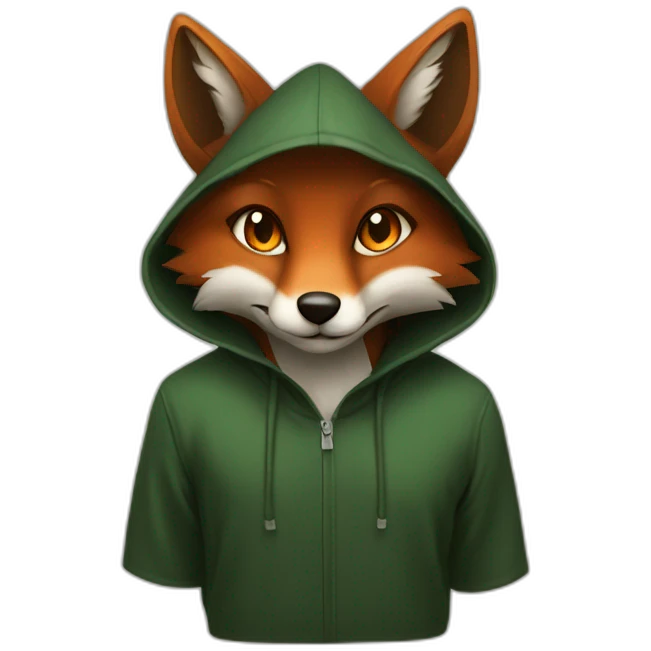 a small dark brown fox with orange eyes with a dark green hood that smile emoji