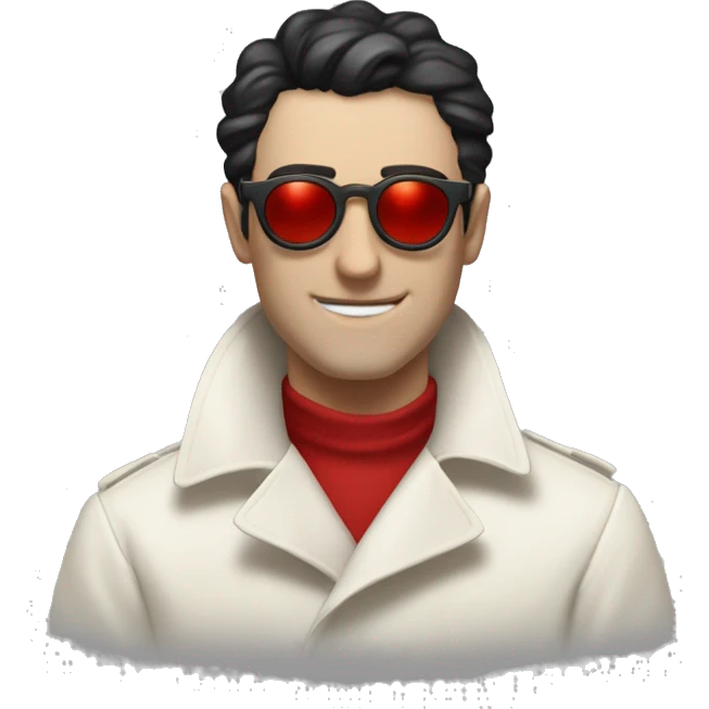 <excerpt>
A white man with real short Black hair, short mutton shops donning small red tinted sun glasses in a dirty white trench coat, is an alchemist.
</excerpt> emoji